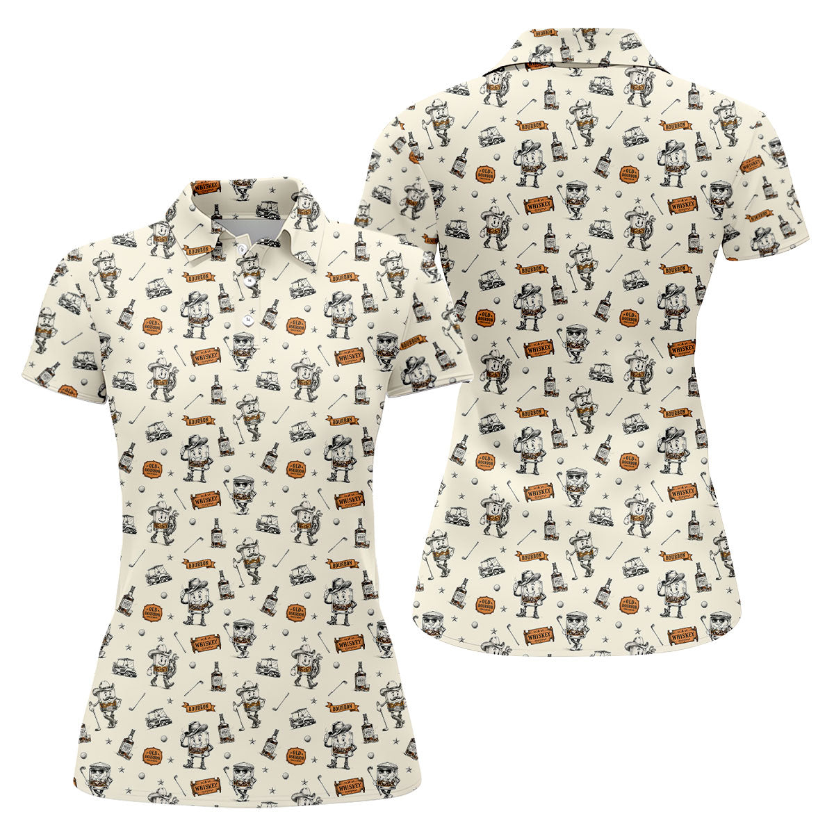Vintage Bourbon Whiskey Golf Pattern Polo Shirt, Golf Shirts For Women, Women's Golf Apparel