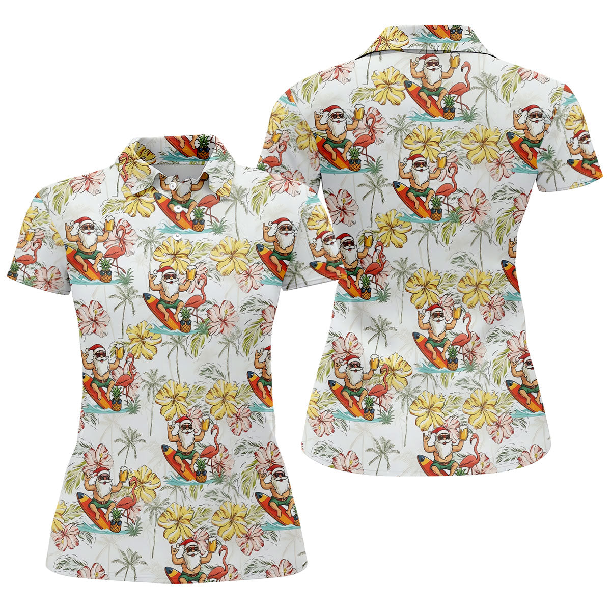 Surfing Santa Tropical Christmas Golf Polo Shirt, Golf Shirts For Women, Women's Golf Apparel