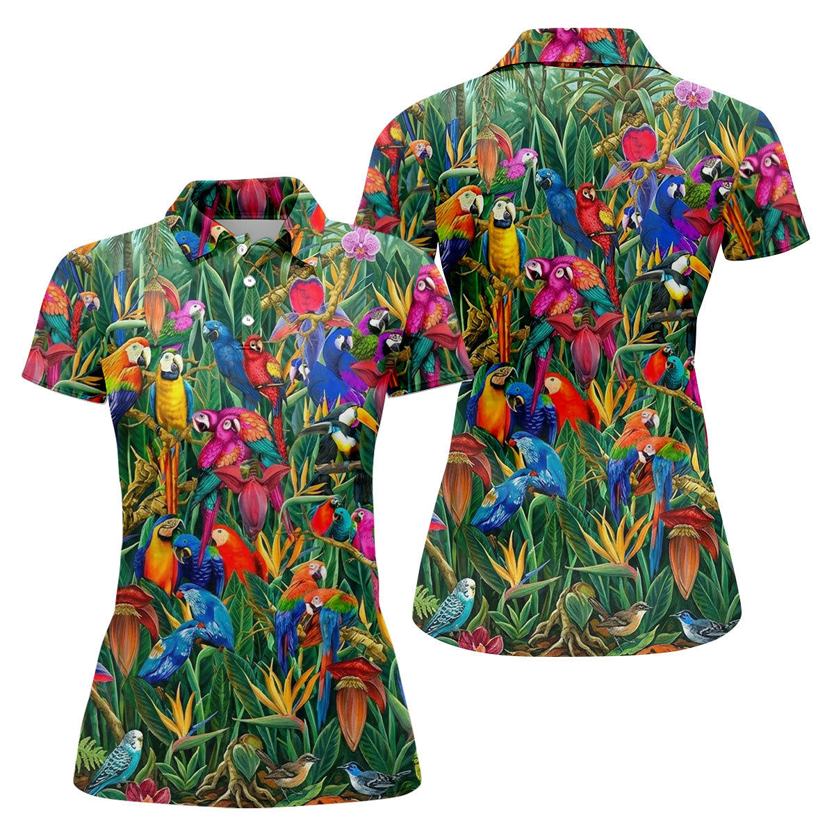 Tropical Colorful Parrots Rainforest Bird Print Golf Polo, Hawaiian Golf Shirt, Women's Golf Apparel