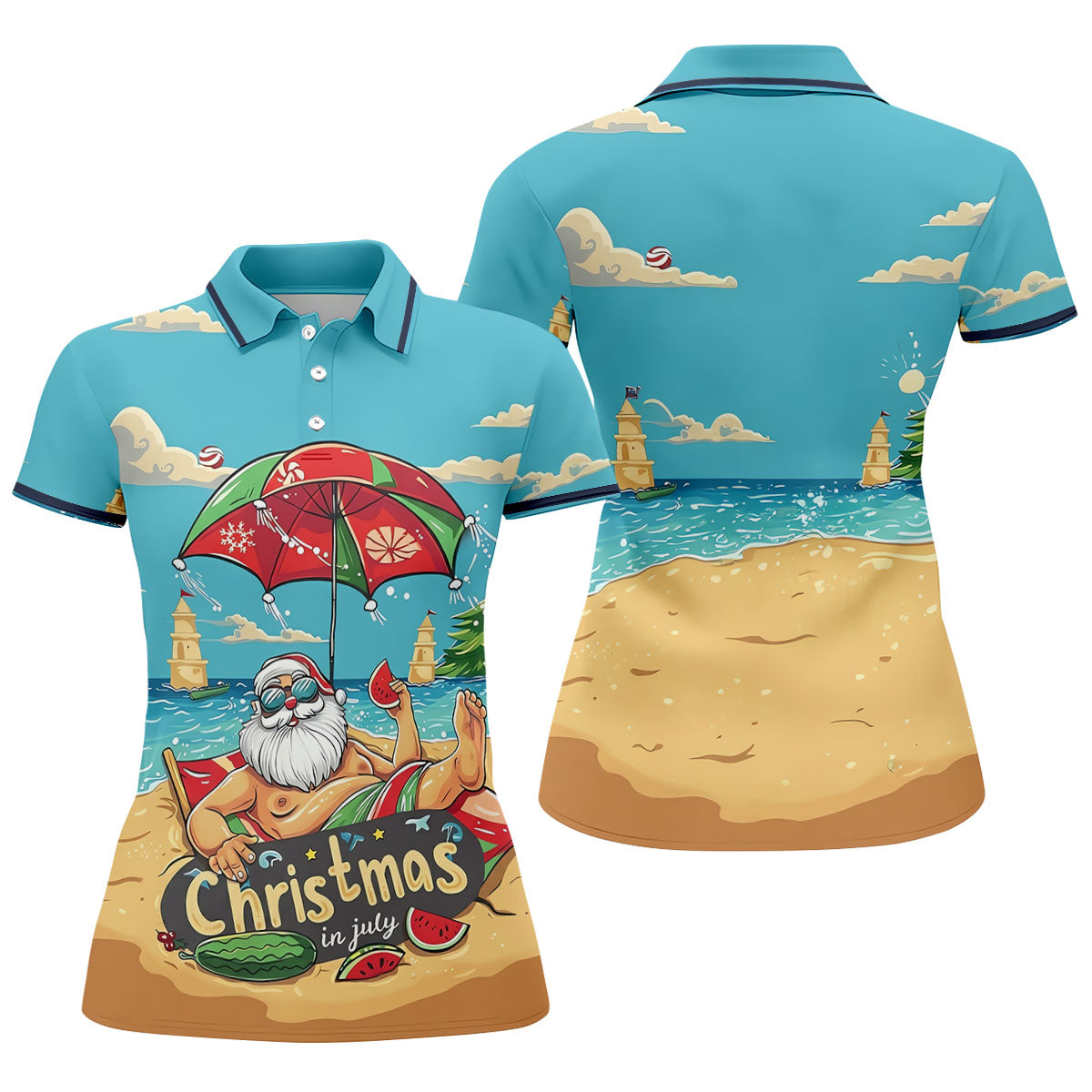 Christmas In July Santa Beach Christmas Golf Shirt, Women's Golf Tops, Hawaiian Golf Shirt, Printed Golf Shirt
