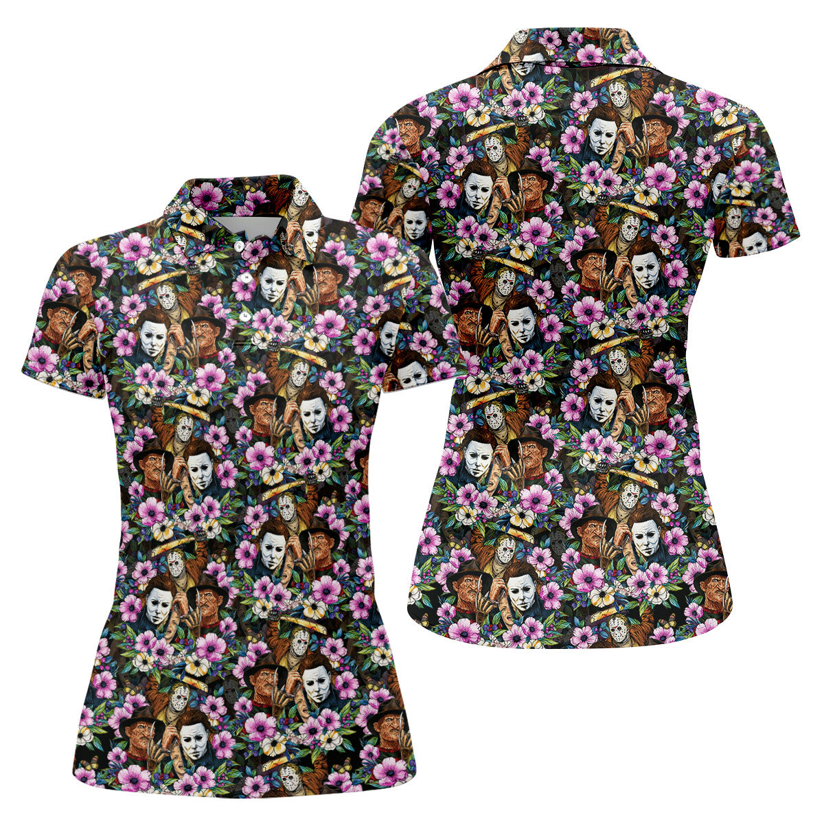 Floral Horror Character Halloween Golf Polo Shirt, Horror Movie Shirt, Women's Golf Polo
