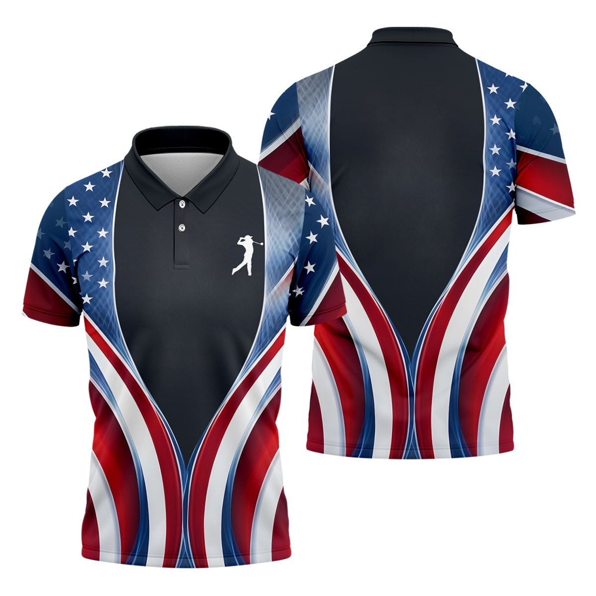 Red White Blue Wavy Stripes Patriotic Golf Shirt, 250 Years 4th Of July Golf Shirts For Men