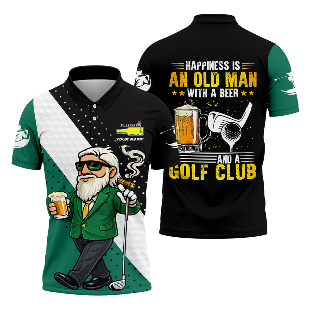 Happiness Is An Old Man With A Beer Plastered Beer Bottle Logo Golf Tops For Men, Golf And Beer Fun Golf Shirt
