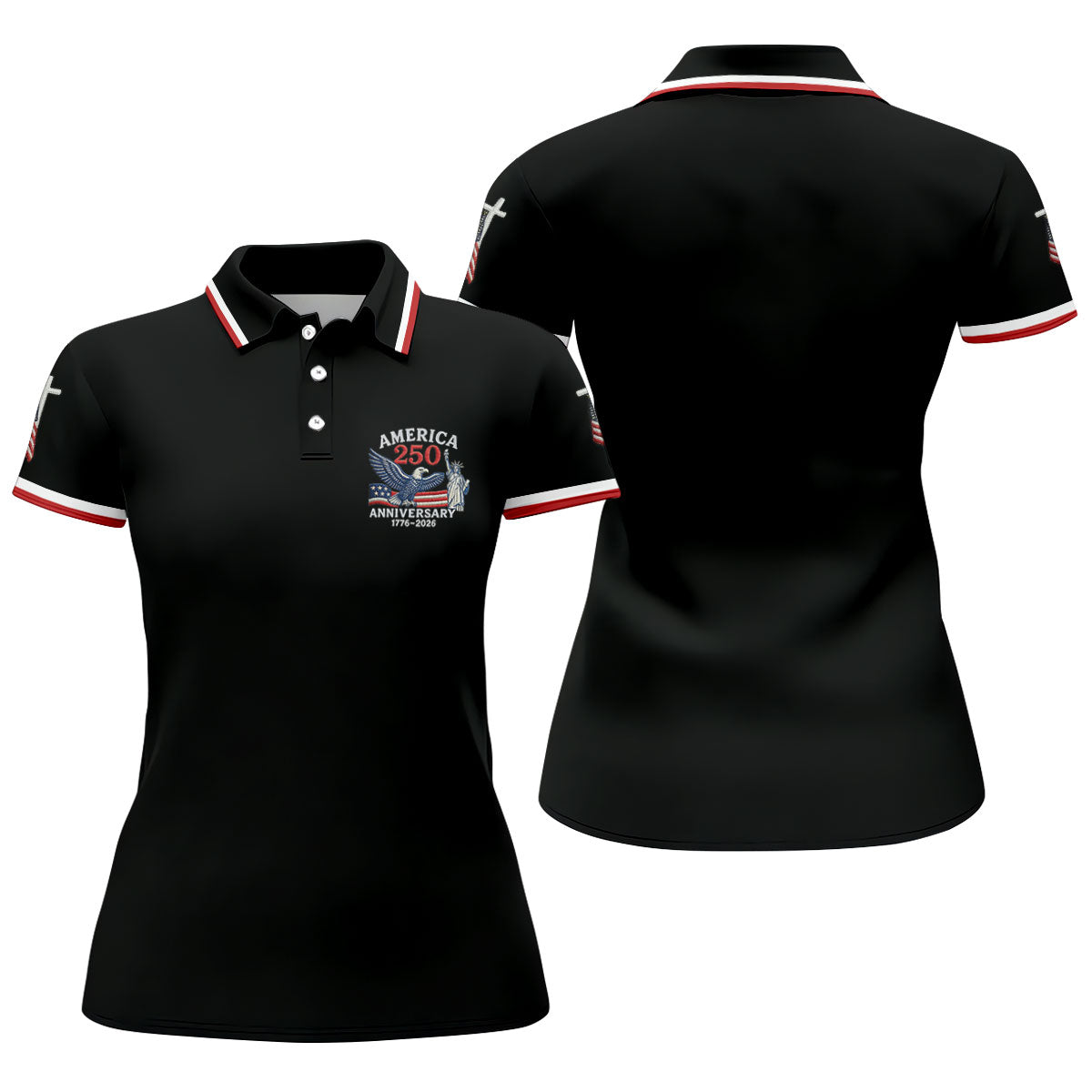 Faith Cross Bald Eagle America 250 Anniversary Black Patriotic Golf Shirt, Golf Shirt For Women