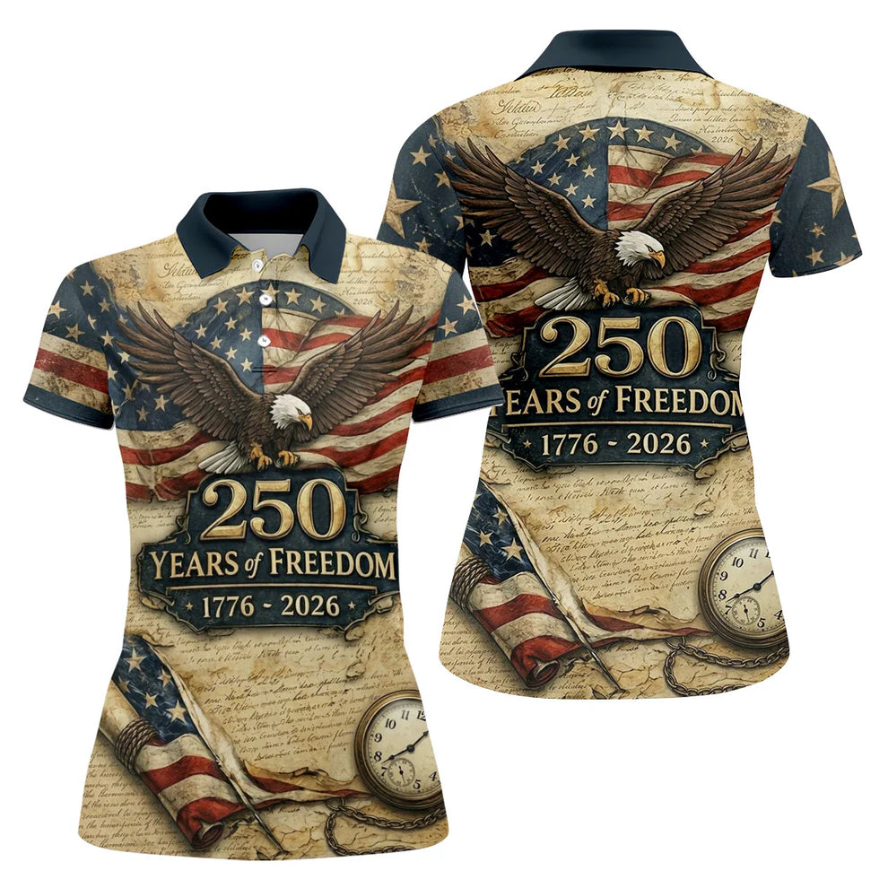 250 Years Of Freedom US Bald Eagle Retro Golf Shirt, Patriotic 4th Of July Golf Shirt For Women
