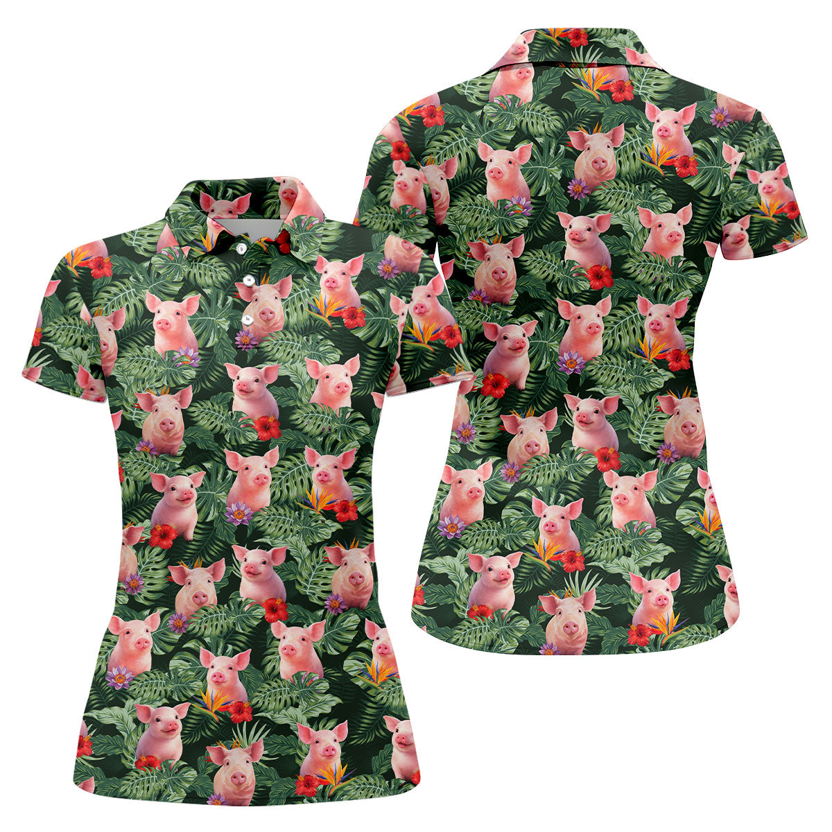 Cute Pig Tropical Monstera Hawaiian Golf Polo Shirt, Golf Shirts For Women, Women's Golf Apparel