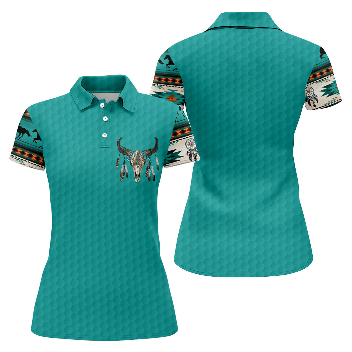 Turquoise Southwestern Bull Skull Golf Polo Shirt, Golf Tops For Women, Hawaiian Golf Shirt