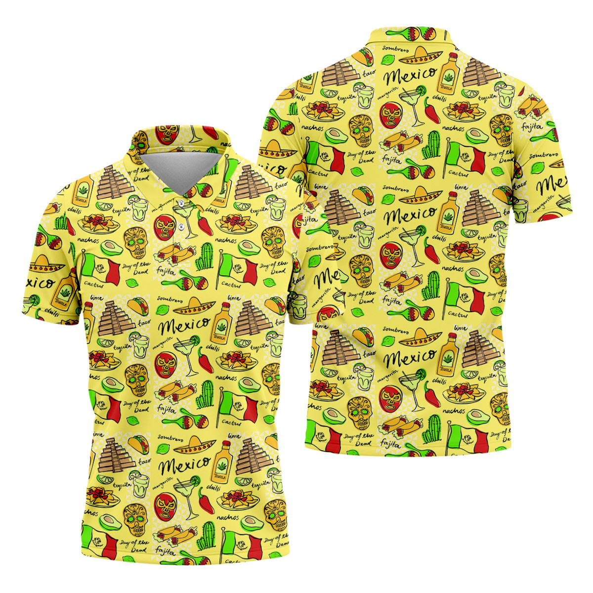 Mexican Cultural Symbols Day Of The Dead Golf Tops For Men, Cinco De Mayo Celebration Golf Shirts For Men