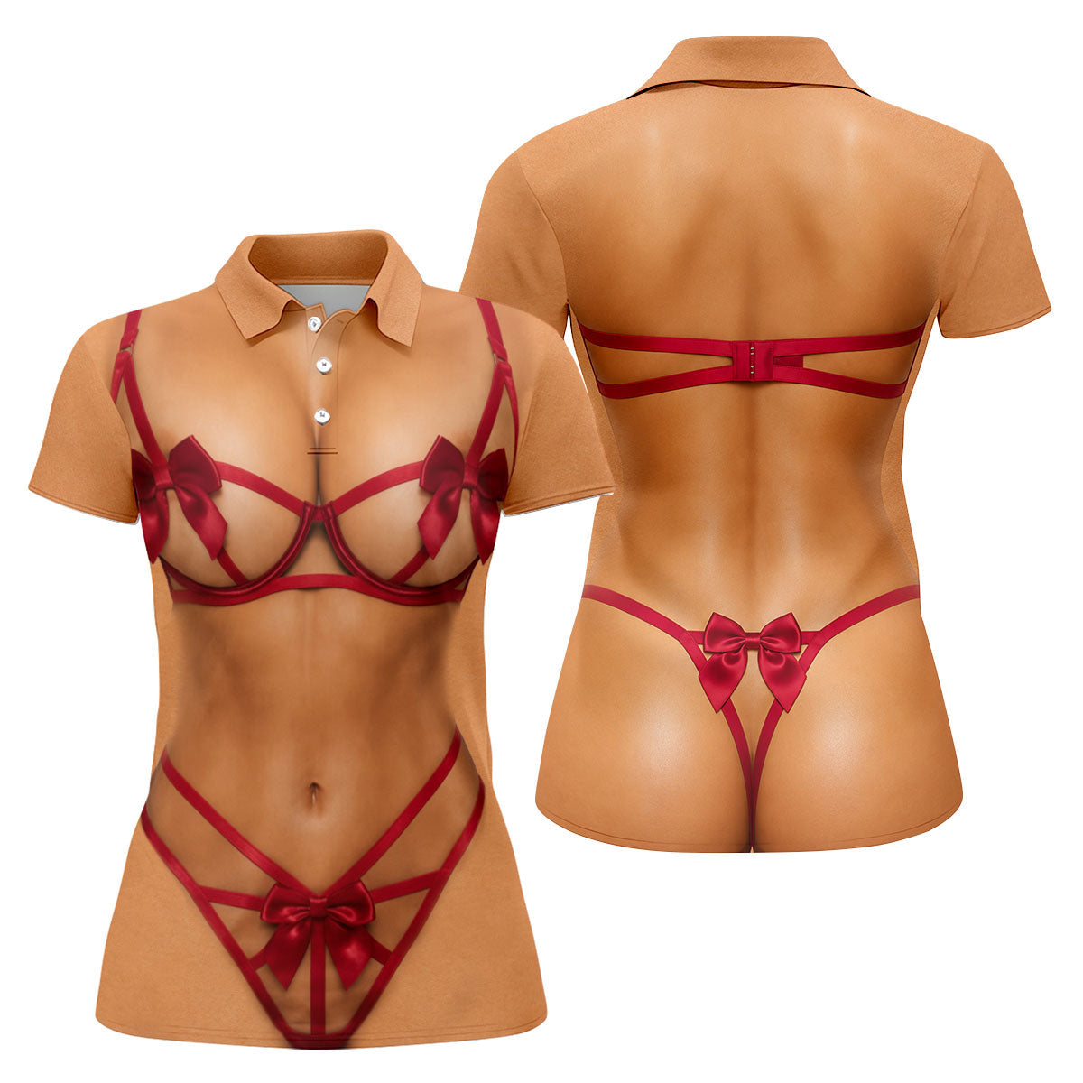 Funny Red Ribbon Lingerie Costume Polo Shirt, Ladies Golf Shirts, Women’s Golf Apparel