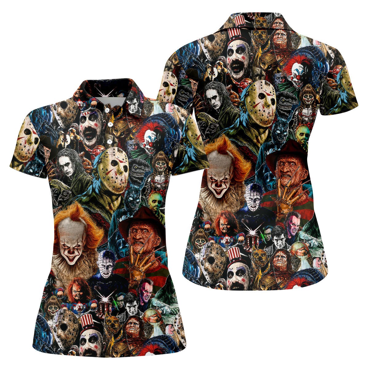 Classic Horror Character Icons Collage Golf Polo Shirt, Women's Golf Polo, Ladies Golf Shirts