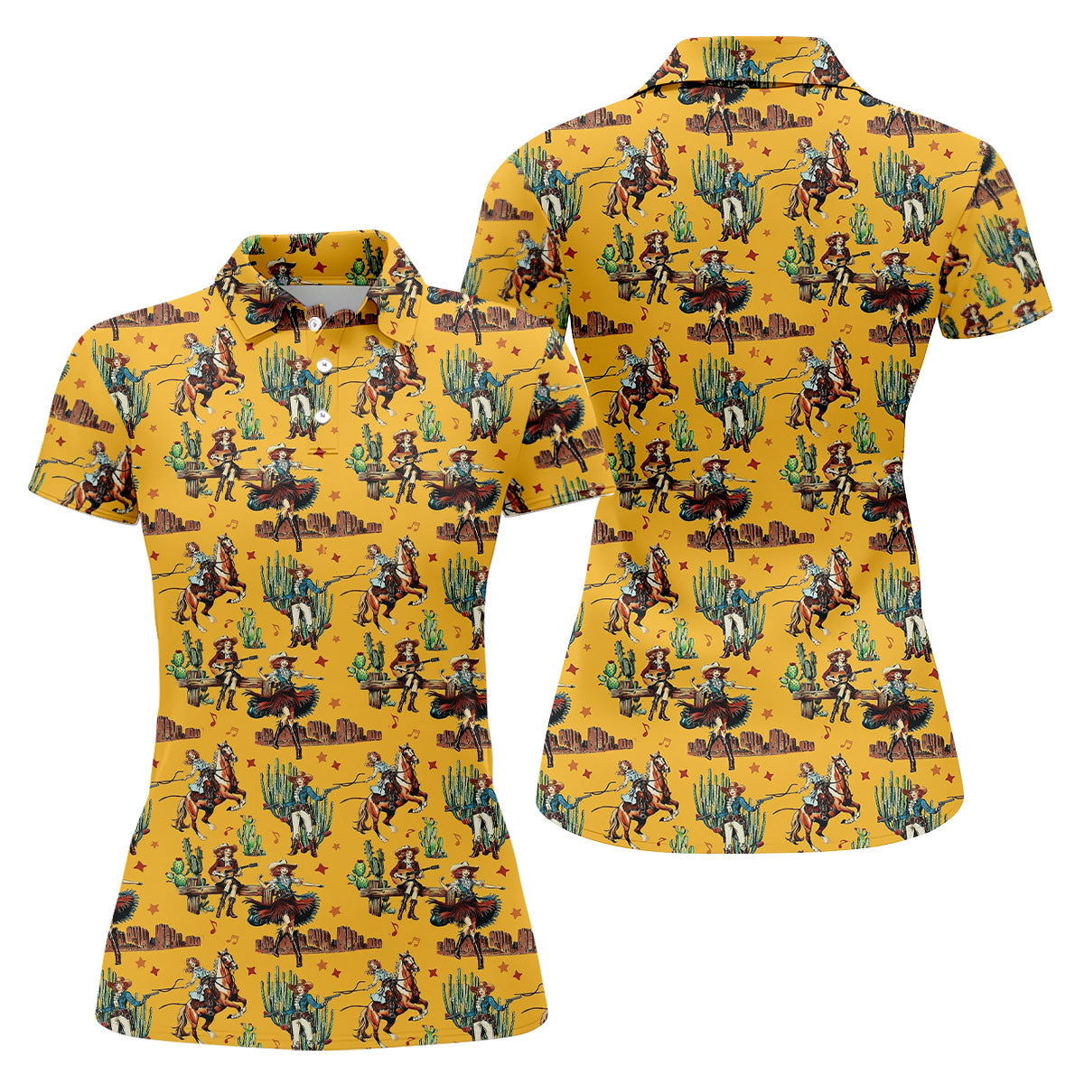 Yellow Cowboy Rodeo Desert Western Hawaiian Golf Shirt, Women's Golf Tops, Golf Polo For Women