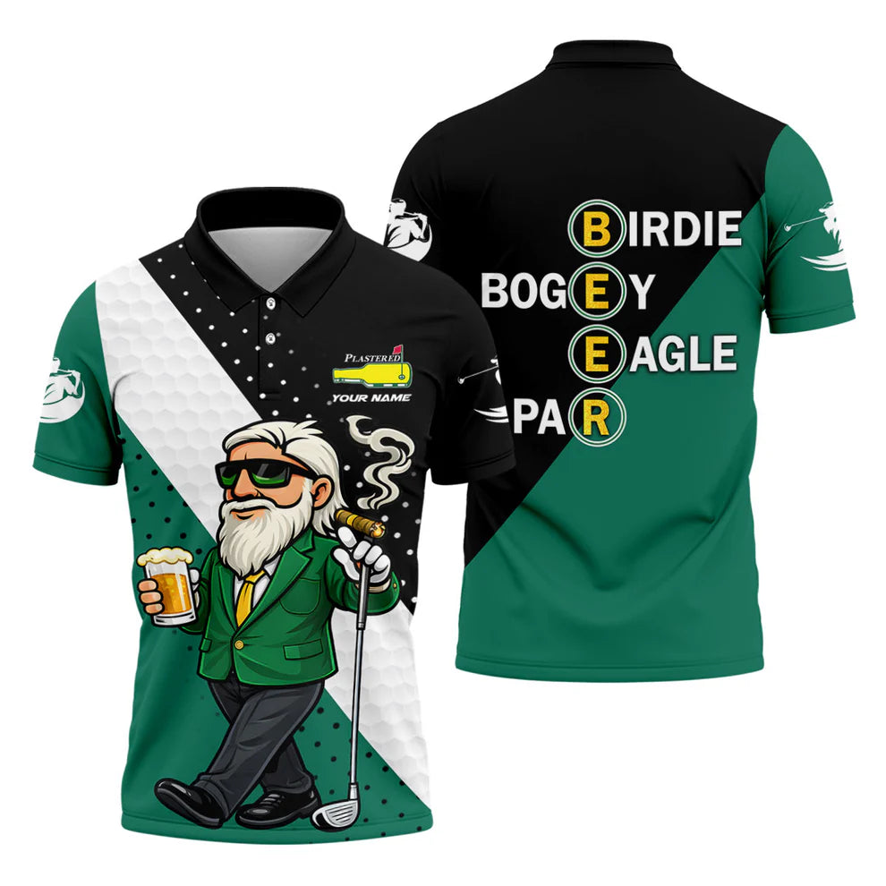 Birdie Boogey Eagle Par Plastered Beer Bottle Logo Golf Tops For Men, Golf And Beer Fun Golf Shirt