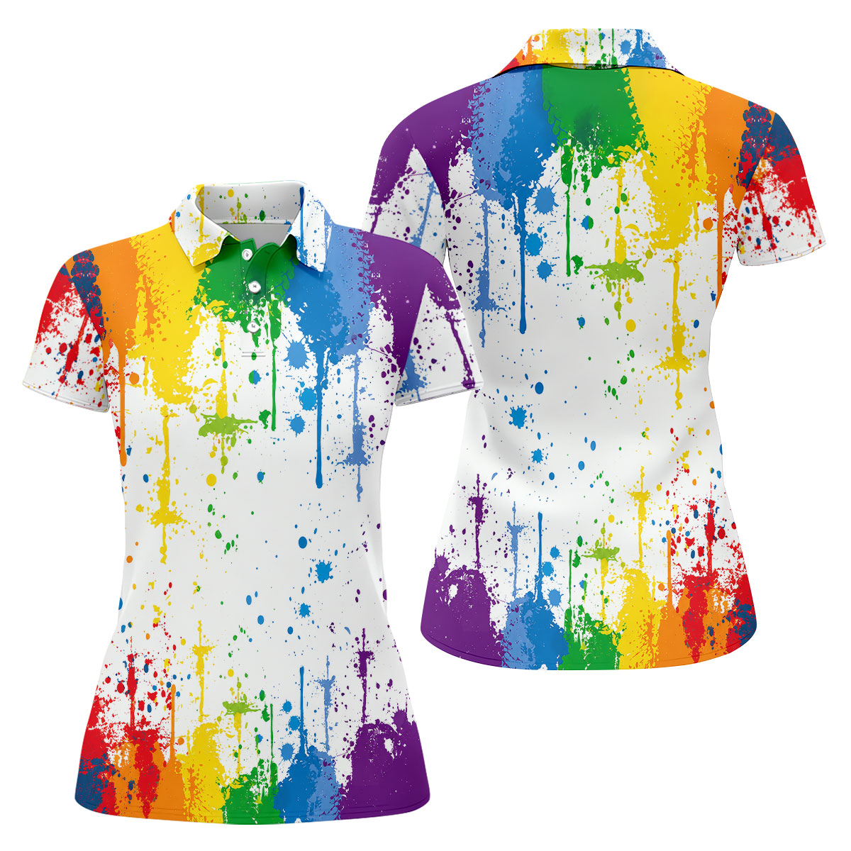 Rainbow Paint Splatter LGBT Support Ladies Golf Tops, Pride Month Golf Shirt For Women