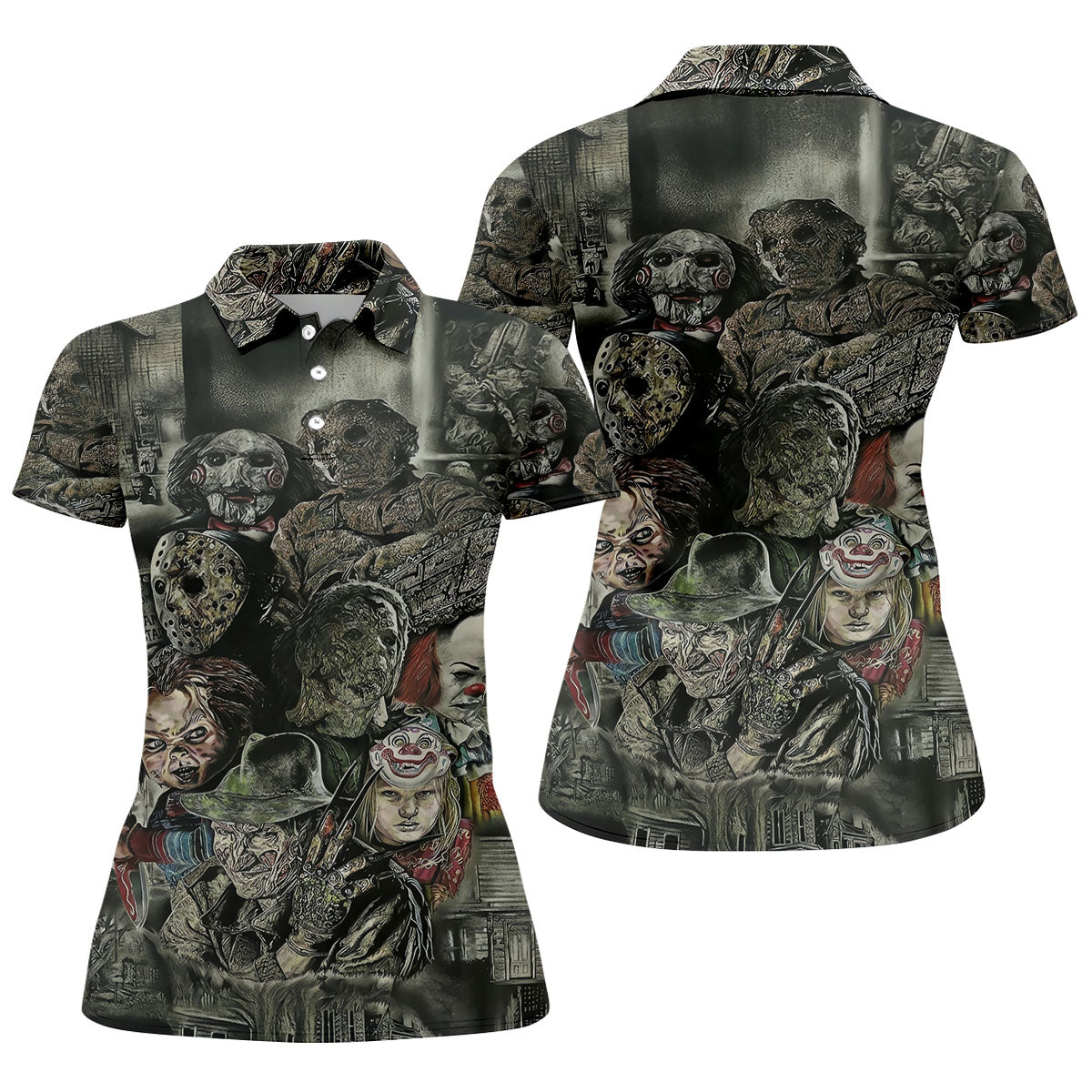 Horror Character Collage Golf Polo Shirt, Women's Golf Polo, Ladies Golf Shirts