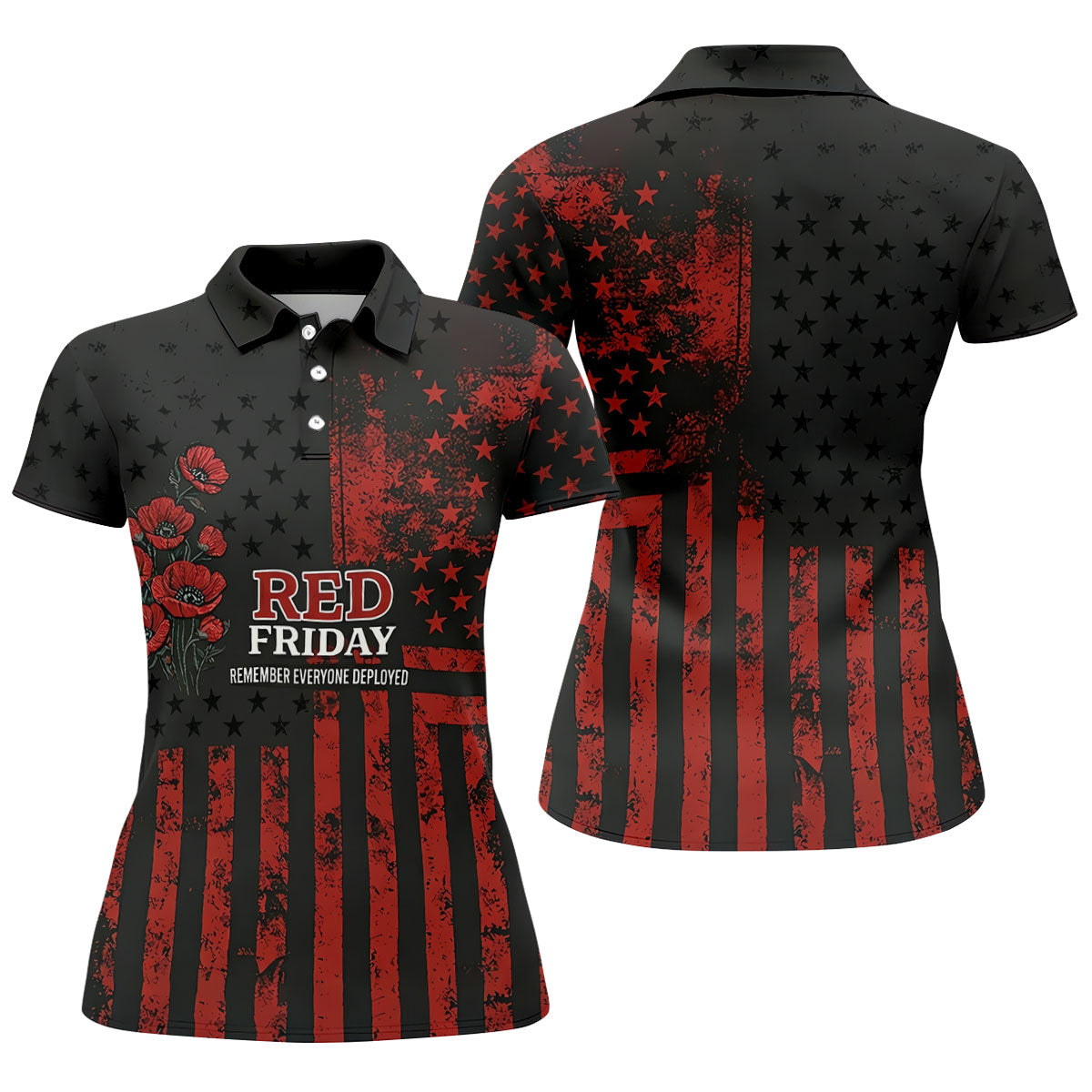 Red Friday American Flag Poppy Polo Shirt, Women’s Golf Apparel, Printed Golf Shirt