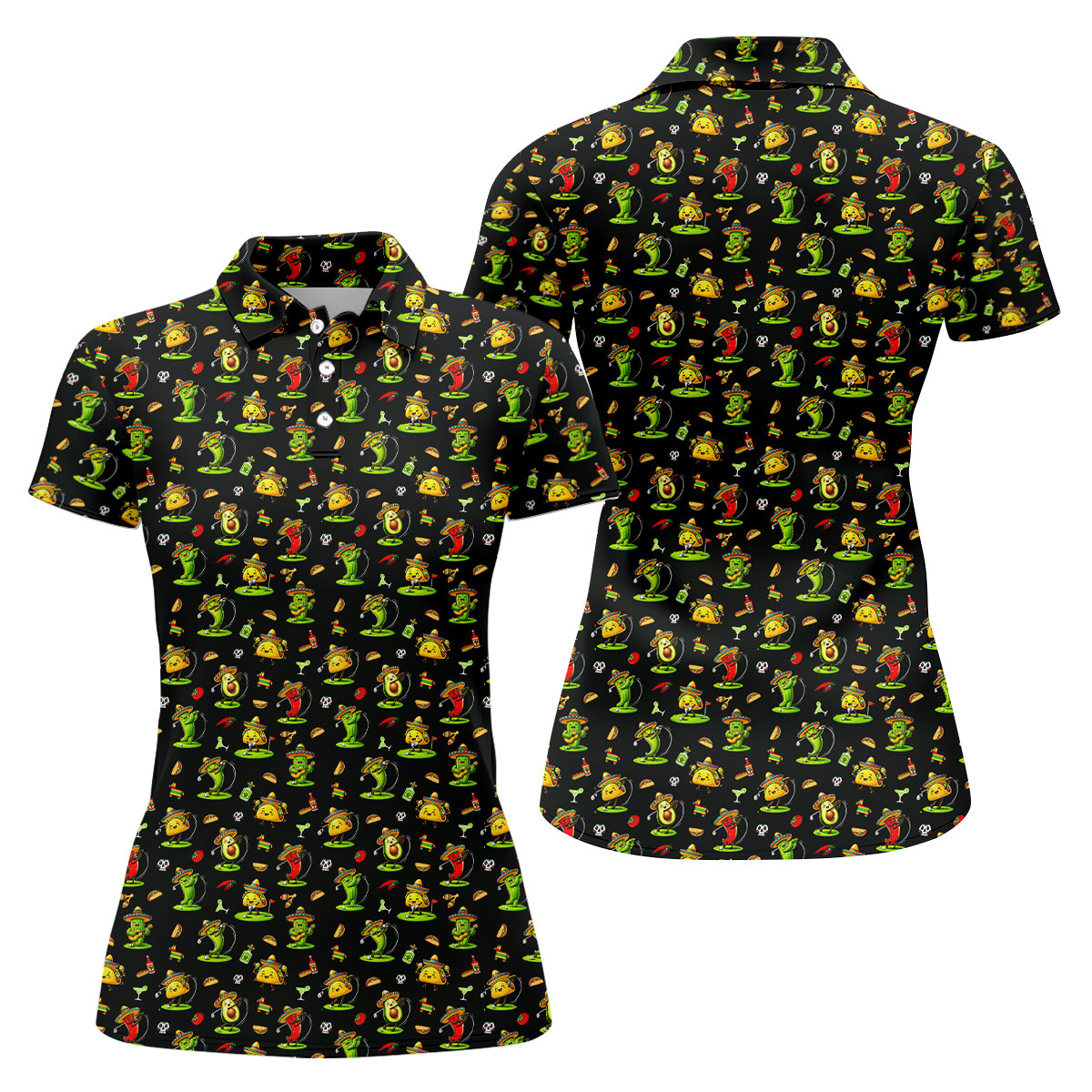 Mexican Cartoon Food Characters Cinco De Mayo Celebration Fiesta Themed Black Golf Shirt For Women