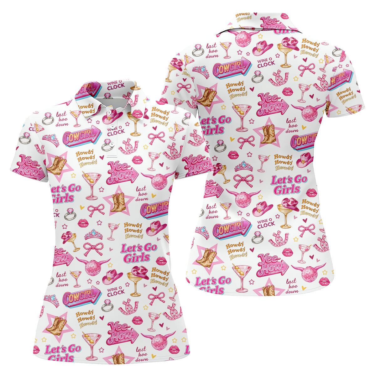 Pink Cowgirl Western Party Icons Golf Polo Shirt, Golf Shirts For Women, Ladies Golf Shirt