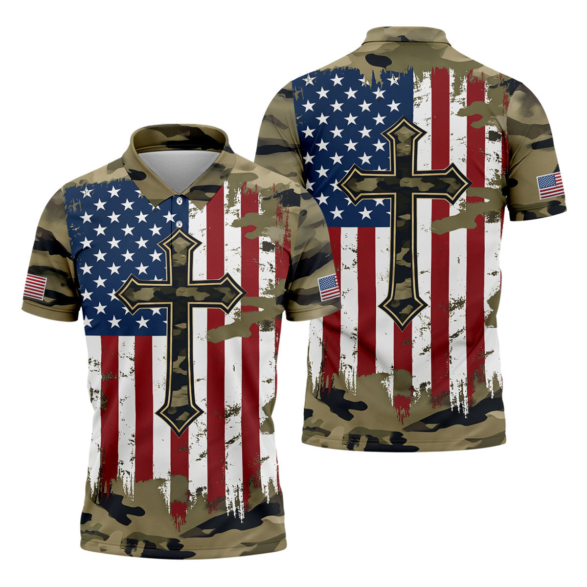 Faith Cross Green Camouflage US 250th Anniversary Golf Shirt, Patriotic Golf Shirt, Golf Shirts For Men