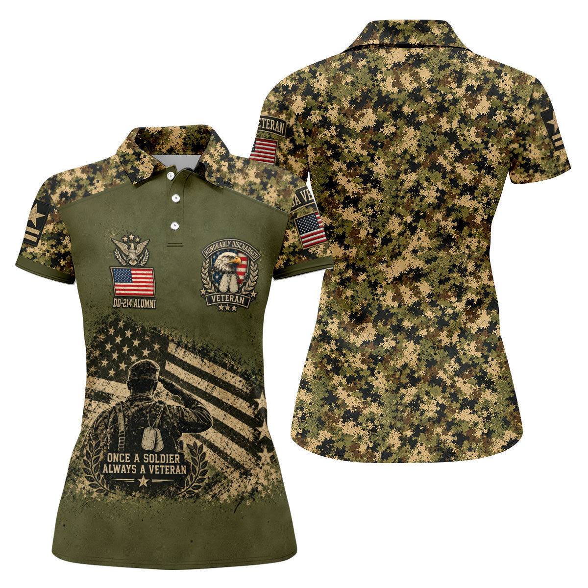 DD-214 Soldier Flag Camo Golf Polo Shirt, Women Golf Shirts, Veterans Day Golf Shirt