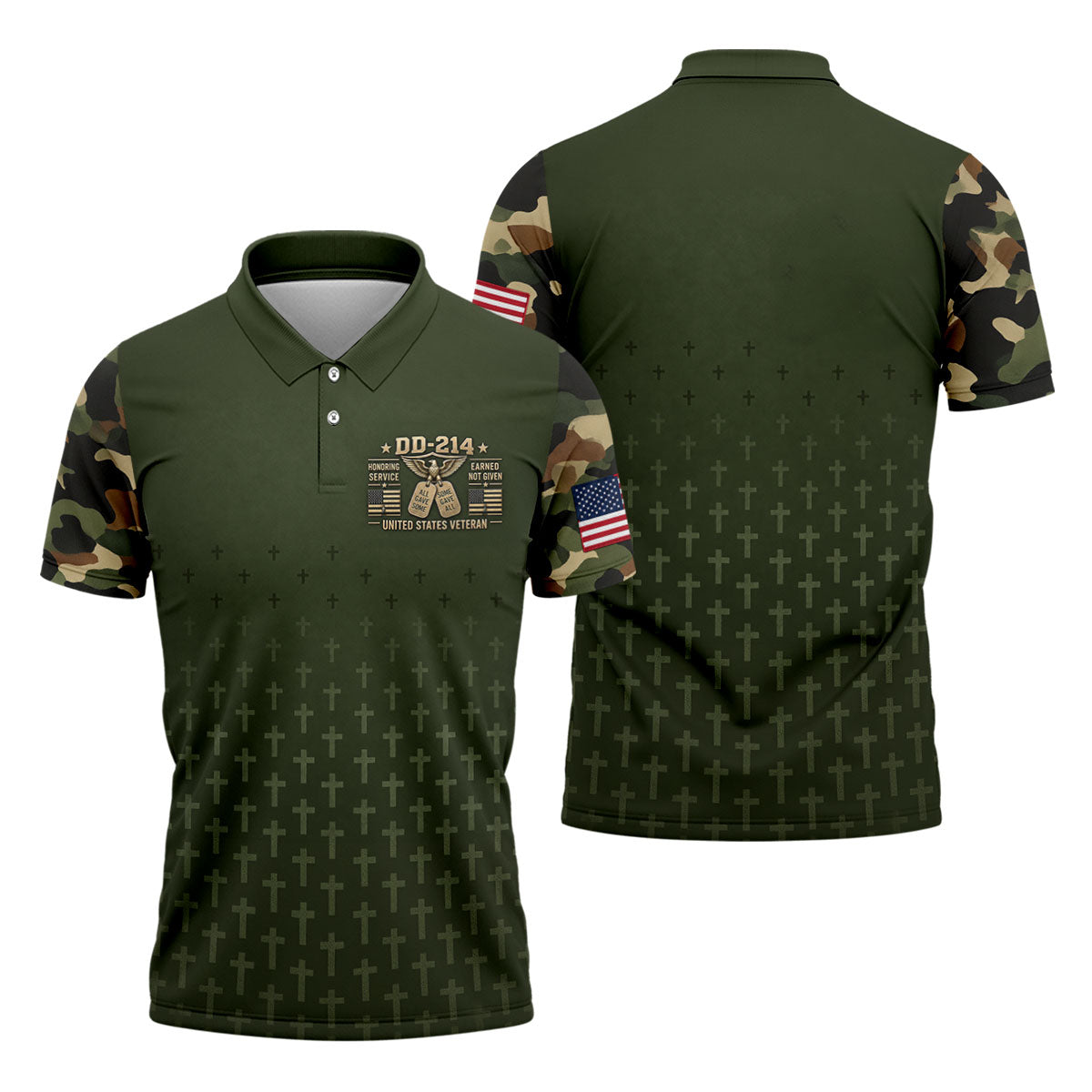 DD-214 Olive Green Cross Camo Polo Shirt, Veterans Day Shirt, Golf Shirts For Men