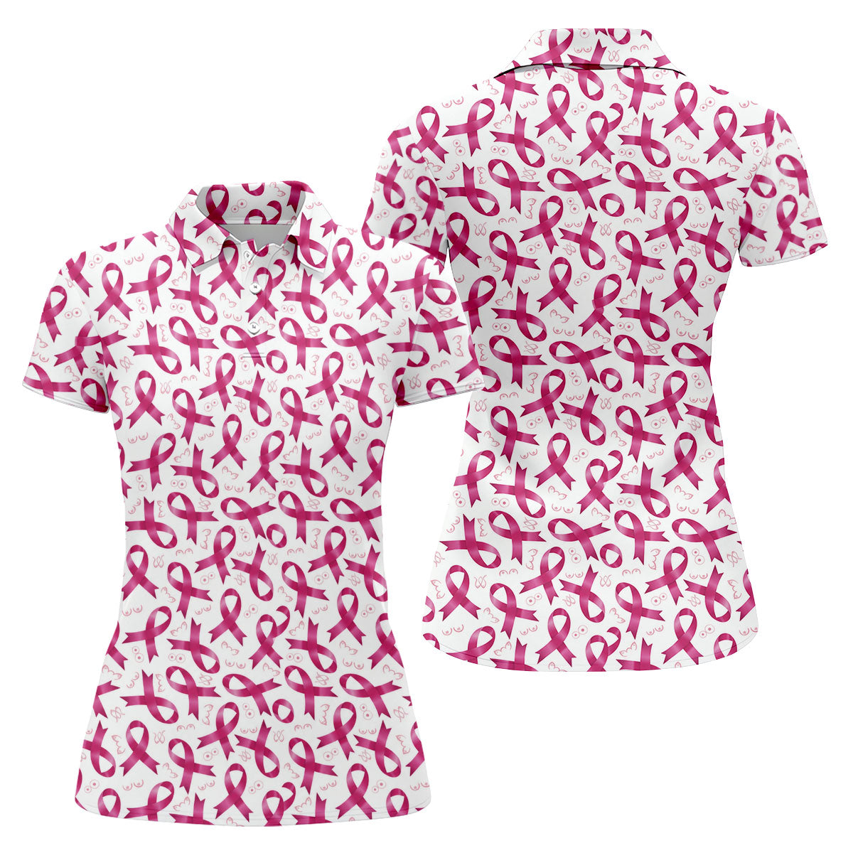 Glossy Pink Ribbon Breast Cancer Polo Shirt, Women’s Golf Polo, Ladies Golf Shirts
