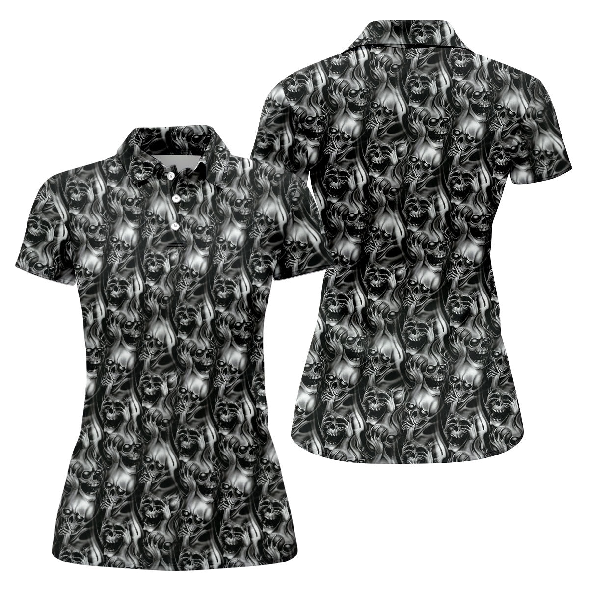 Dark Grim Reaper Skull Pattern Golf Polo Shirt, Women's Golf Polo, Ladies Golf Tops