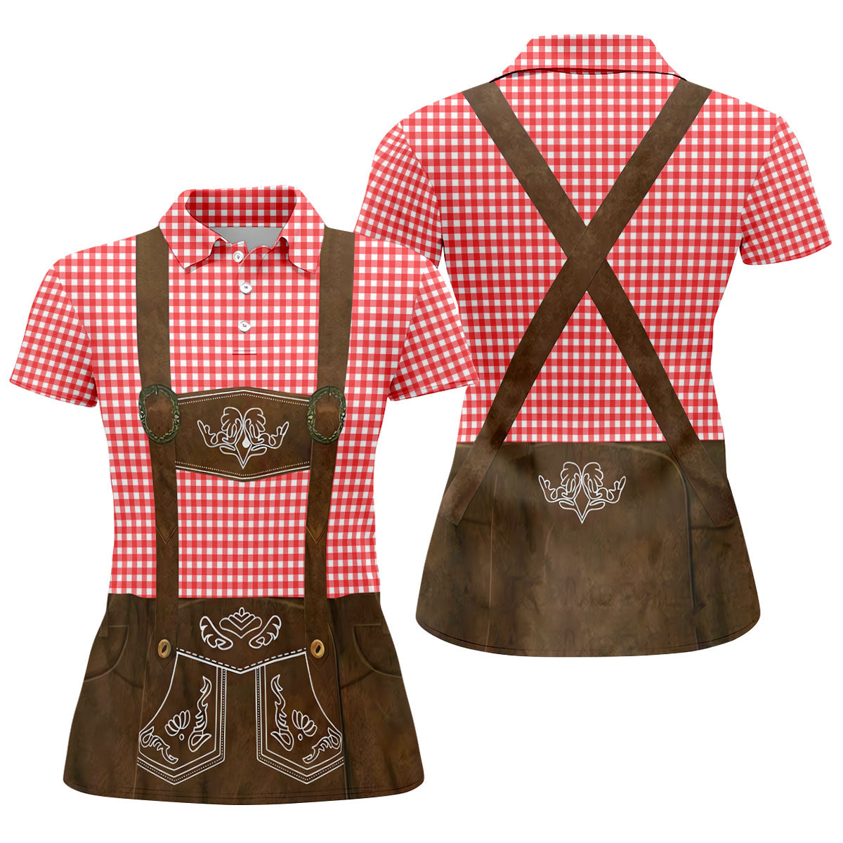 Women's Red Oktoberfest Lederhosen Illusion Sleeveless Golf Polo, Golf Shirts For Women, Women's Golf Apparel