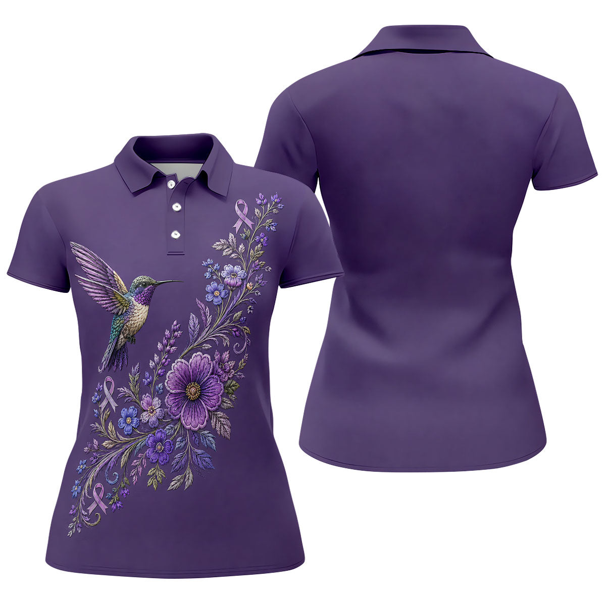 Cancer Awareness Purple Ribbon Floral Polo Shirt, Womens Golf Polo, Golf Shirts For Women