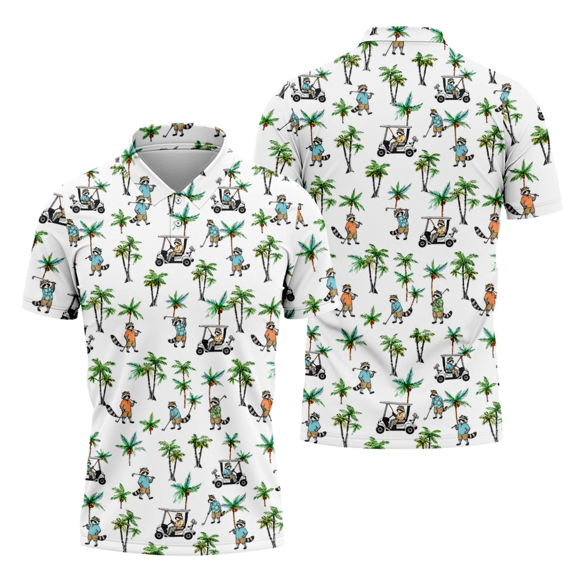 Funny Raccoon Tropical Golf Pattern Polo Shirt, Mens Golf Polo, Printed Golf Shirts