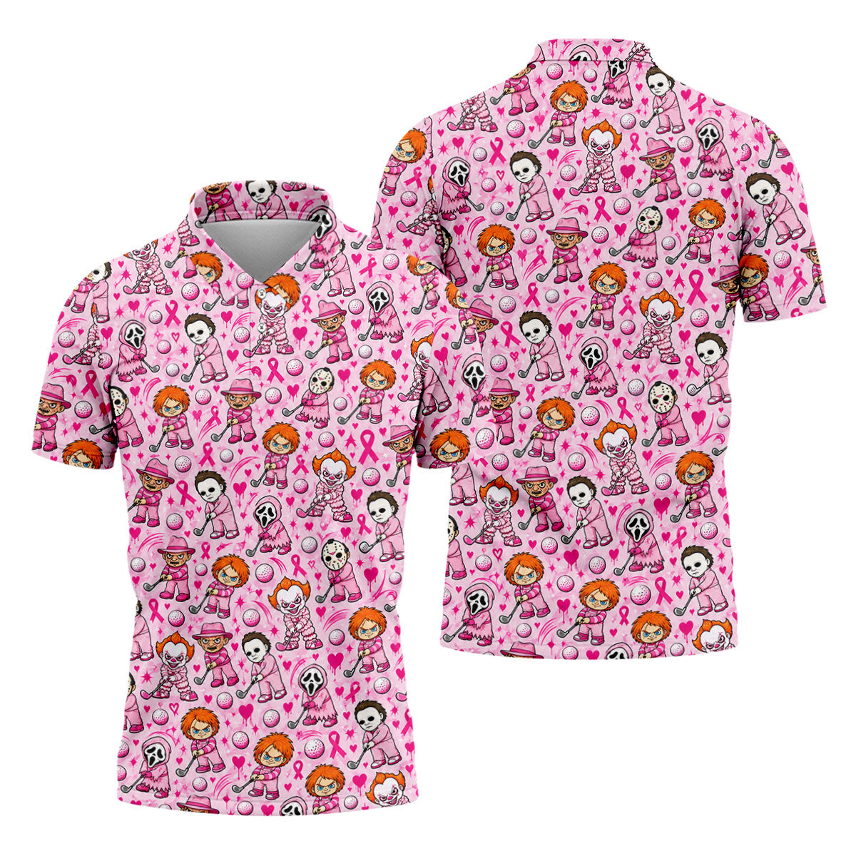 Halloween Horror Character Breast Cancer Polo Shirt, Mens Golf Shirts, Mens Golf Apparel