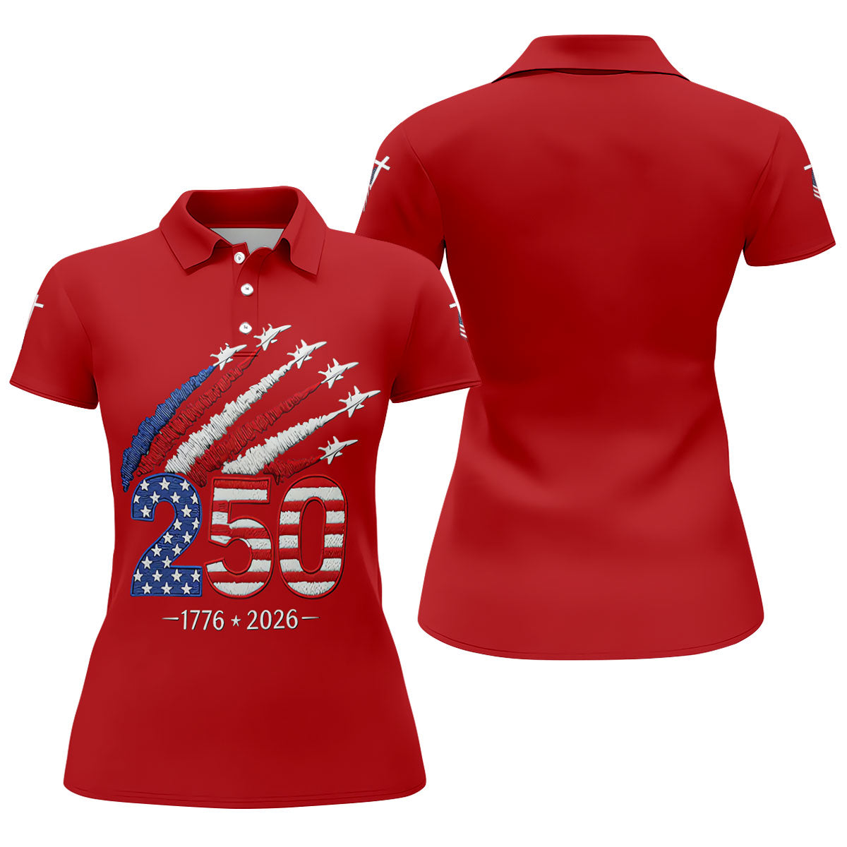 Flying Fighter Jets Faith Cross Patriotic 4th Of July Red Golf Shirt, 250 Years Golf Shirt For Women