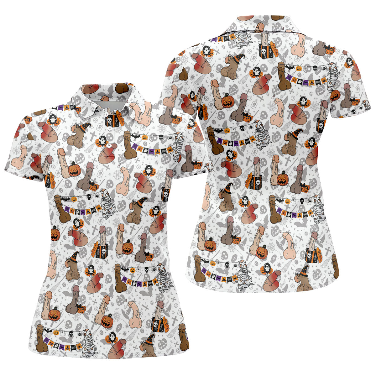 Funny Adult Halloween Pattern Hawaiian Polo Shirt, Women's Golf Tops, Women’s Golf Apparel