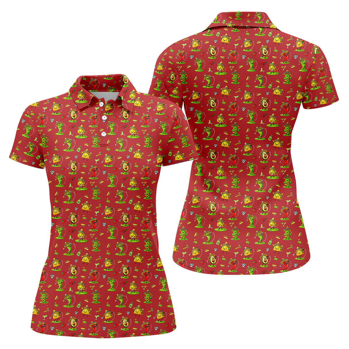Mexican Cartoon Food Characters Cinco De Mayo Celebration Fiesta Themed Red Golf Shirt For Women