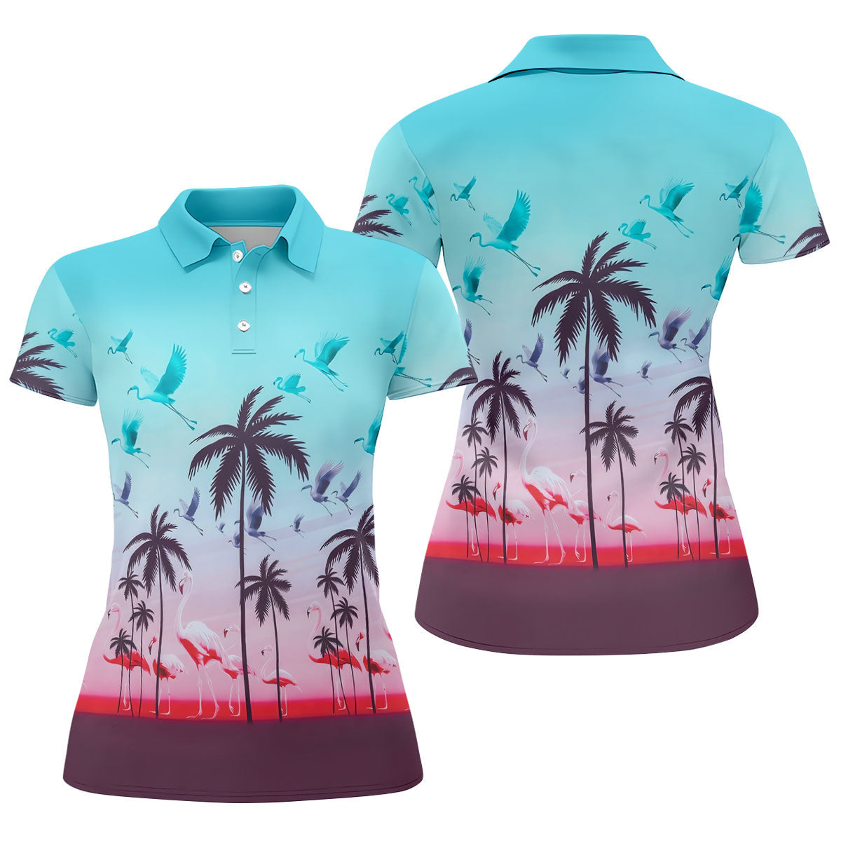 Tropical Flamingo Sunset Hawaiian Golf Shirt, Women's Golf Apparel, Golf Shirts For Women