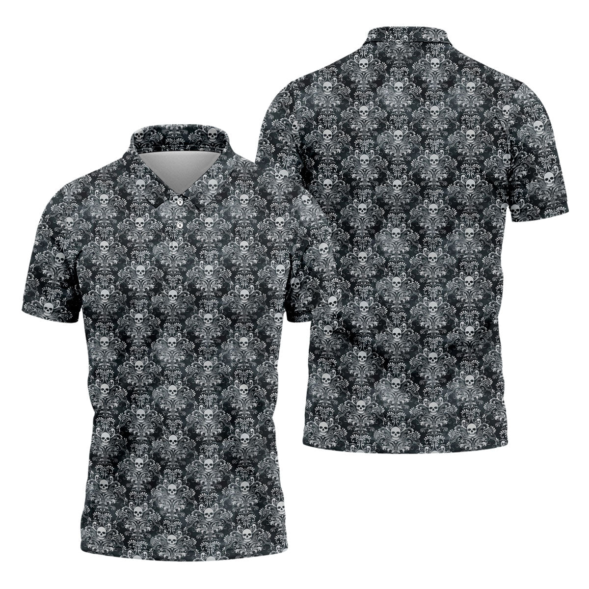 Skull Damask Charcoal Grey Gothic Floral Golf Tops For Men, Polo Shirts For Men, Golf Shirts For Men