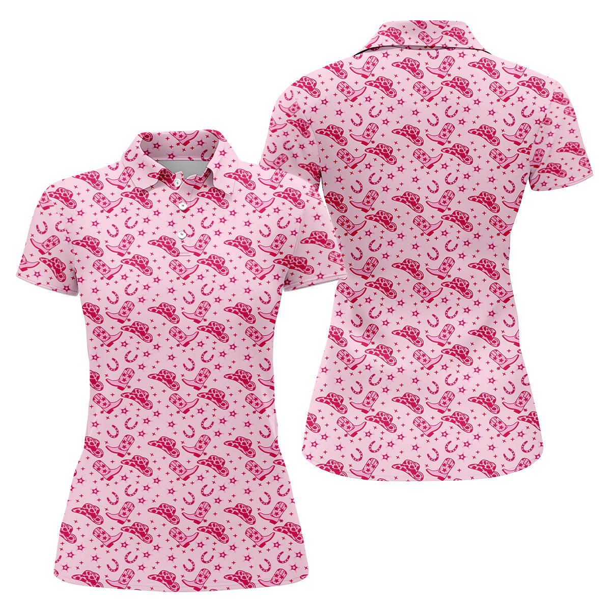 Pink Cowgirl Boots Hat Pattern Hawaiian Golf Shirt, Golf Polo For Women, Women’s Golf Apparel