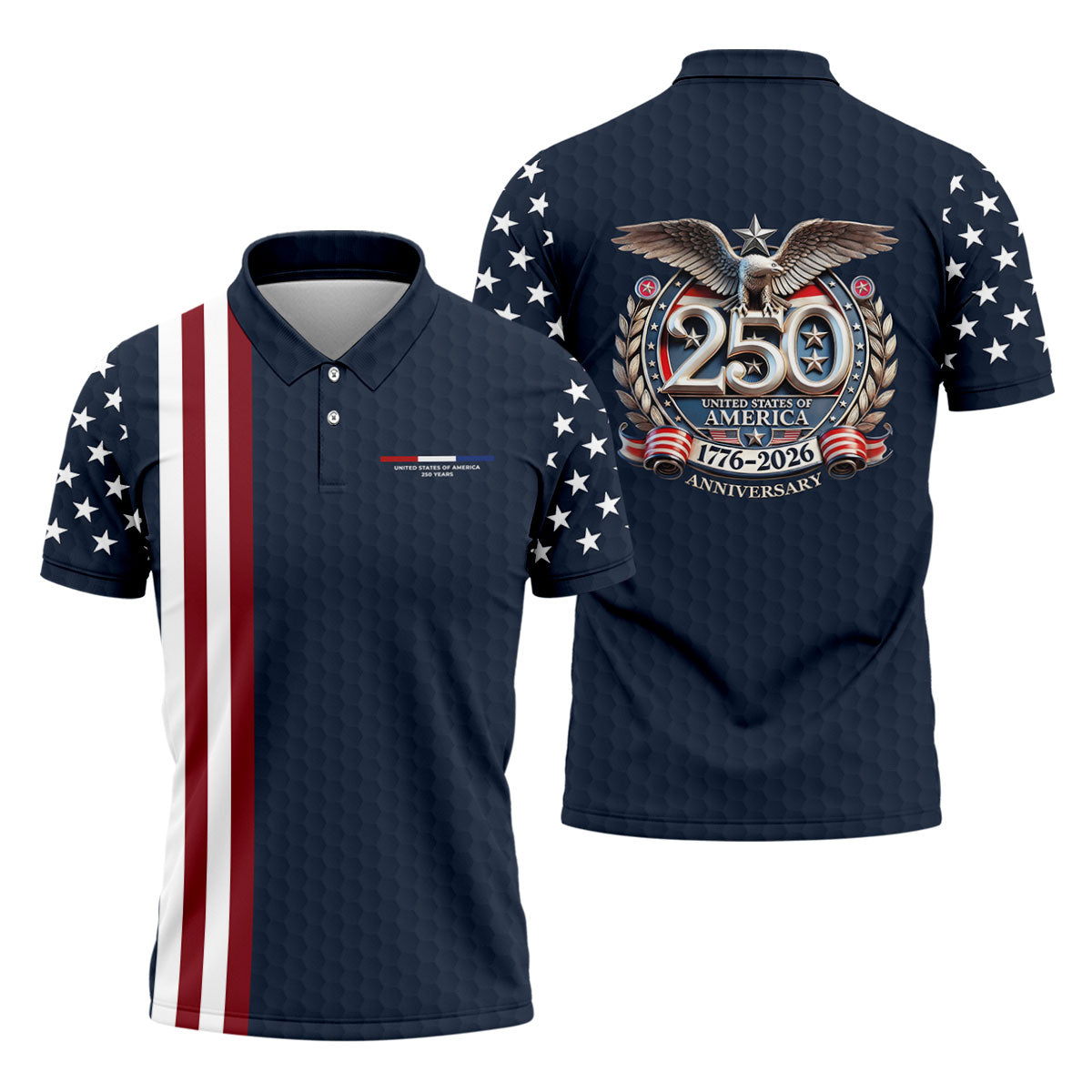 250 Years US Bald Eagle Golf Ball Pattern Golf Shirt, Patriotic 4th Of July Golf Shirts For Men