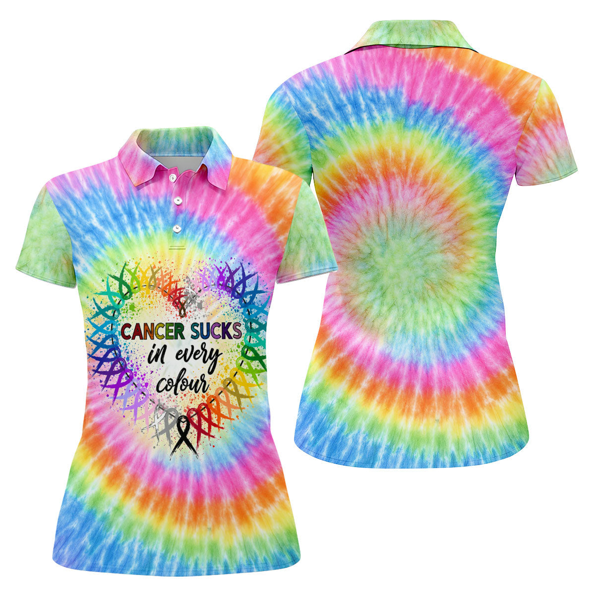 Cancer Sucks In Every Colour Tie Dye Ribbon Polo Shirt, Ladies Golf Tops, Printed Golf Shirt