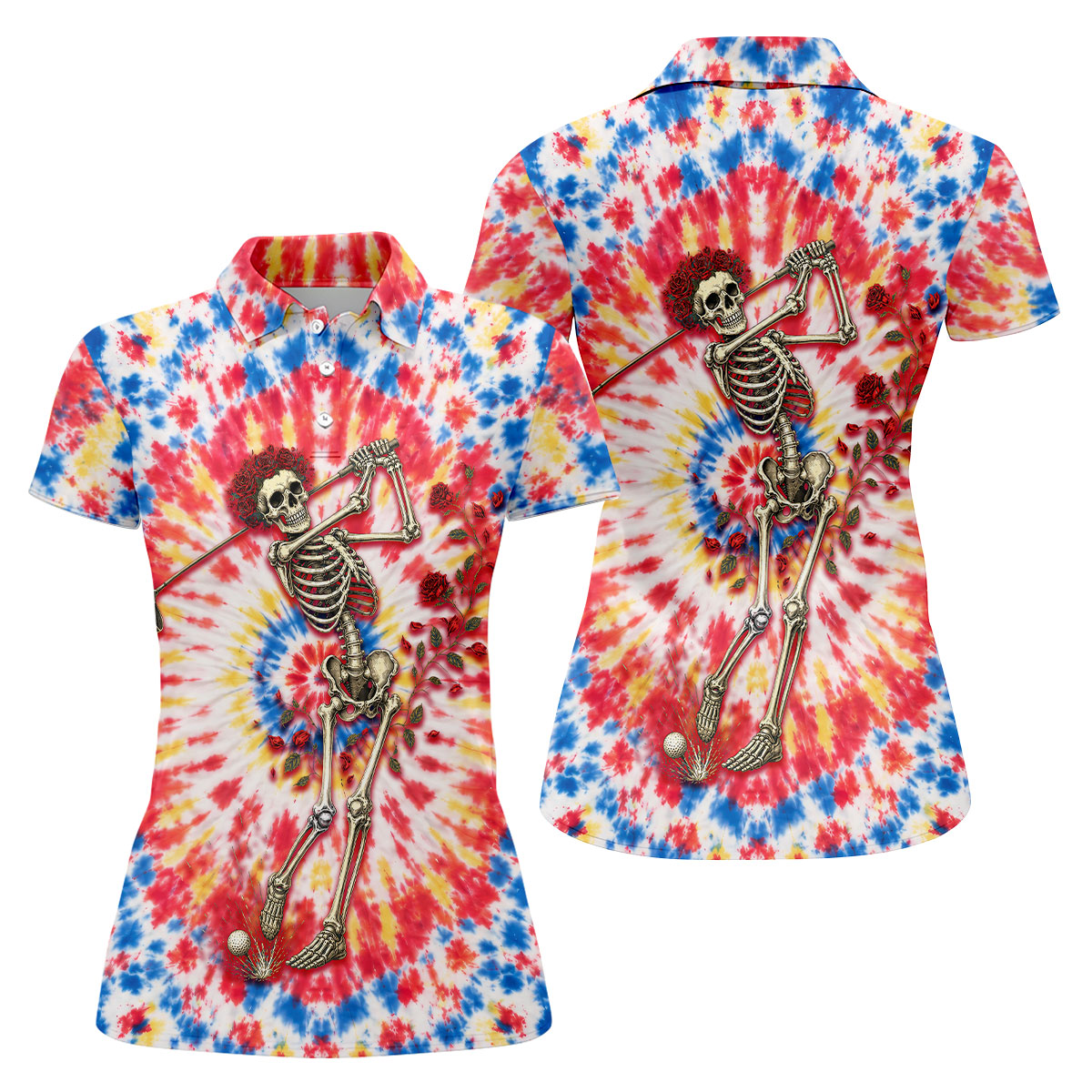 Skeleton Golfer Tie Dye Polo Shirt, Women's Golf Polo, Golf Shirts For Women