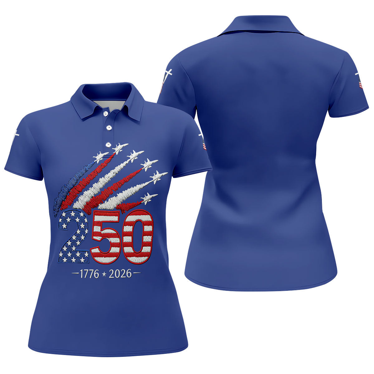 Flying Fighter Jets Faith Cross Patriotic 4th Of July Blue Golf Shirt, 250 Years Golf Shirt For Women