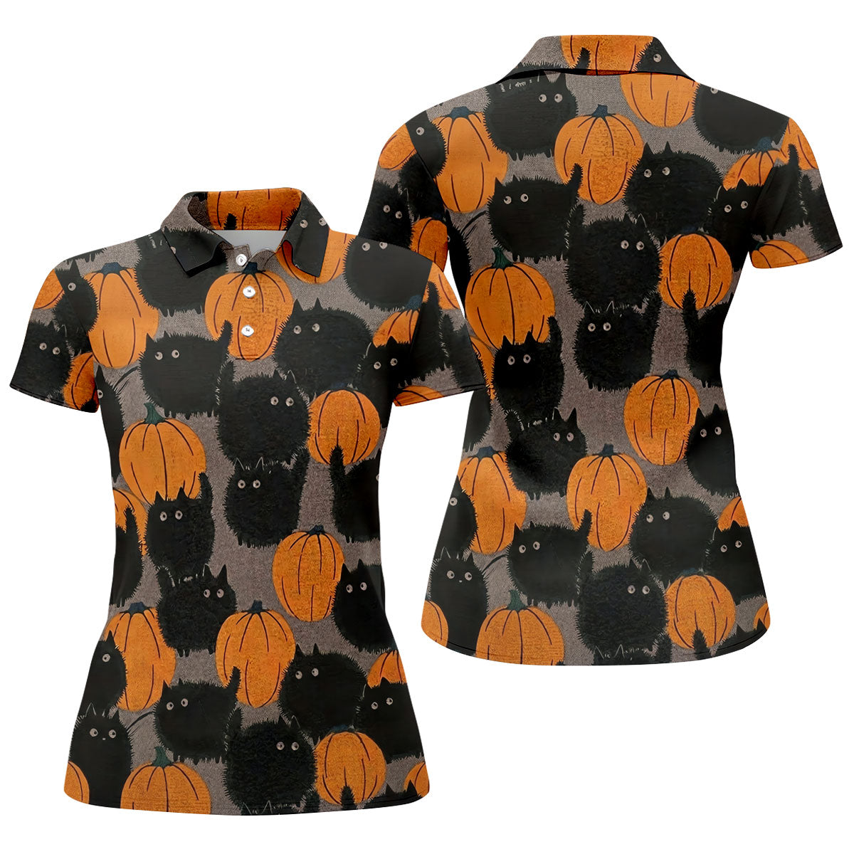 Black Cat Pumpkin Halloween Golf Polo Shirt, Women's Golf Apparel, Golf Shirts For Women