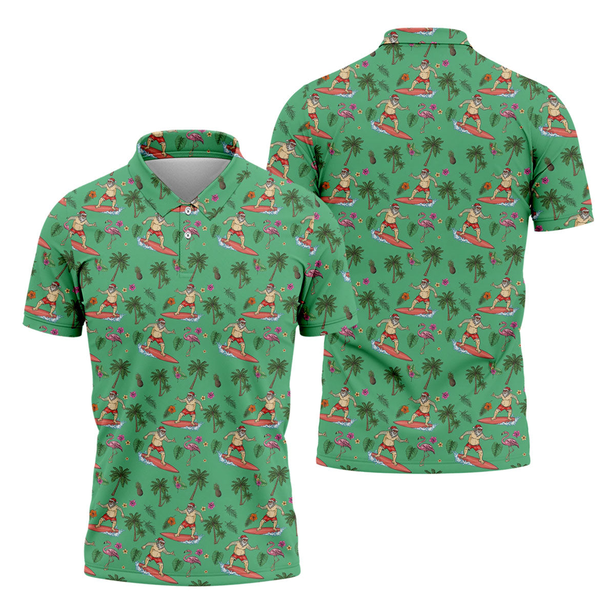 Santa Surfing Flamingo Tropical Golf Shirt, Christmas Golf Shirt, Golf Apparel For Men