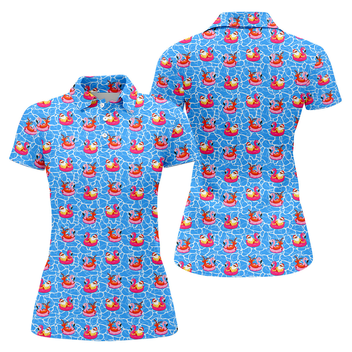 Santa Flamingo Pool Float Christmas Golf Shirt, Women's Golf Tops, Hawaiian Golf Shirt, Printed Golf Shirt