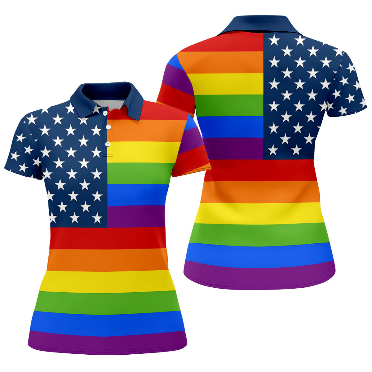 Gay Pride American Flag Ladies Golf Tops, Pride Month Golf Shirt For Women
