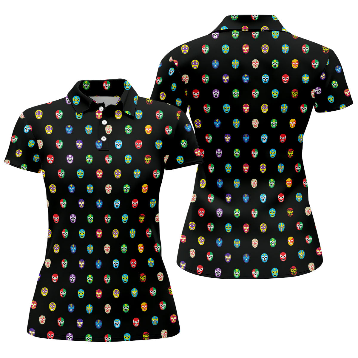 Colorful Retro Mask Print Golf Polo Shirt, Golf Shirts For Women, Women’s Golf Apparel