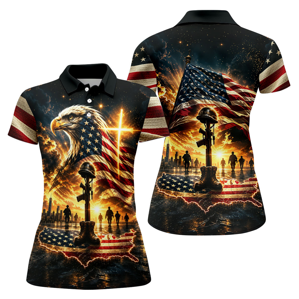 Eagle Cross Soldier Memorial Golf Polo Shirt, Womens Golf Tops, Veterans Day Shirt