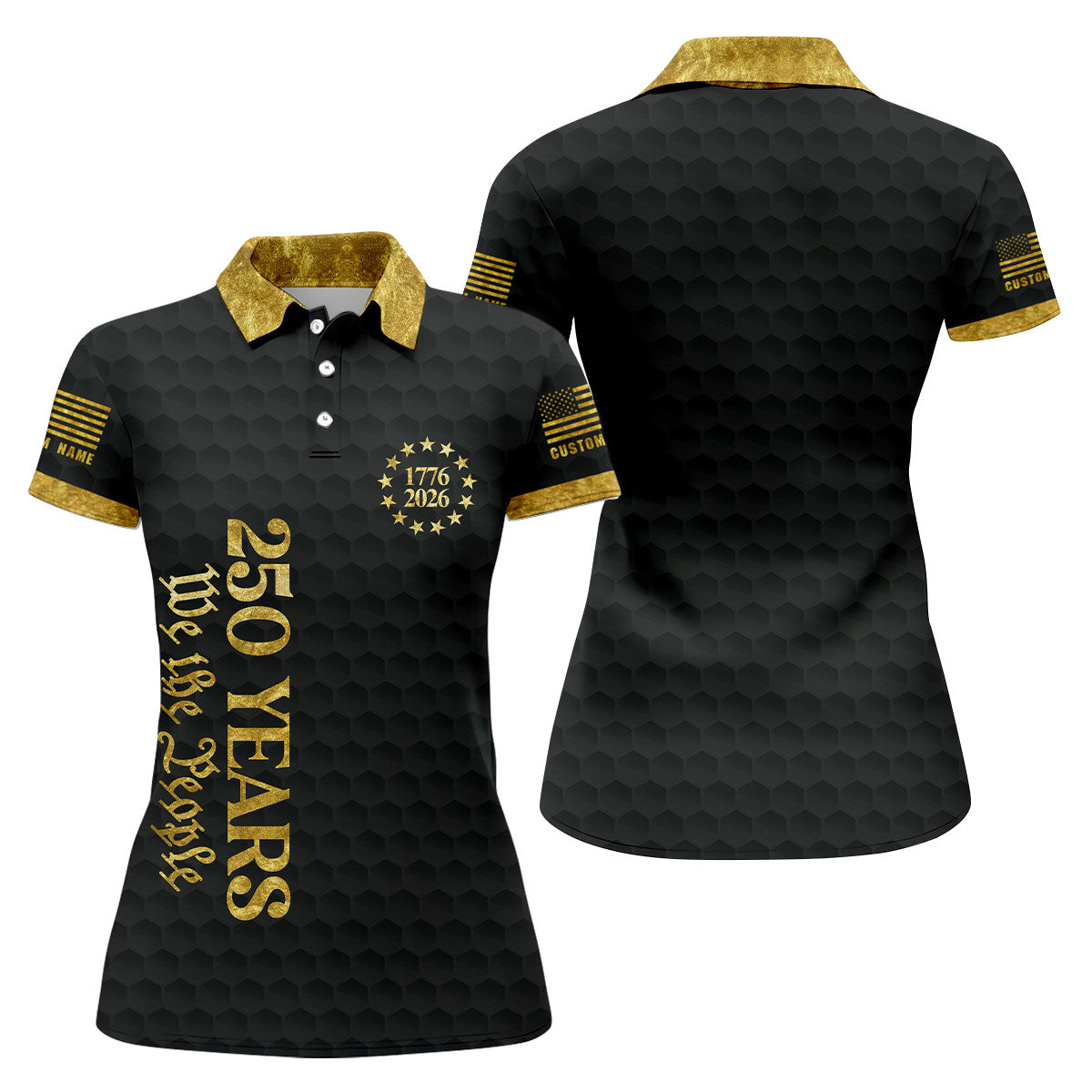 We The People 250 Years Gold Textured Patriotic Golf Shirt, 4th Of July Golf Shirt For Women