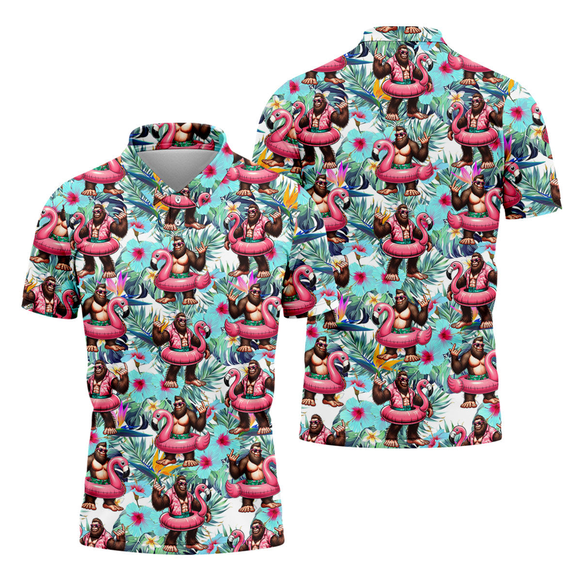 Funny Bigfoot Flamingo Float Tropical Golf Polo Shirt, Men's Golf Shirt, Golf Polo Shirts For Men