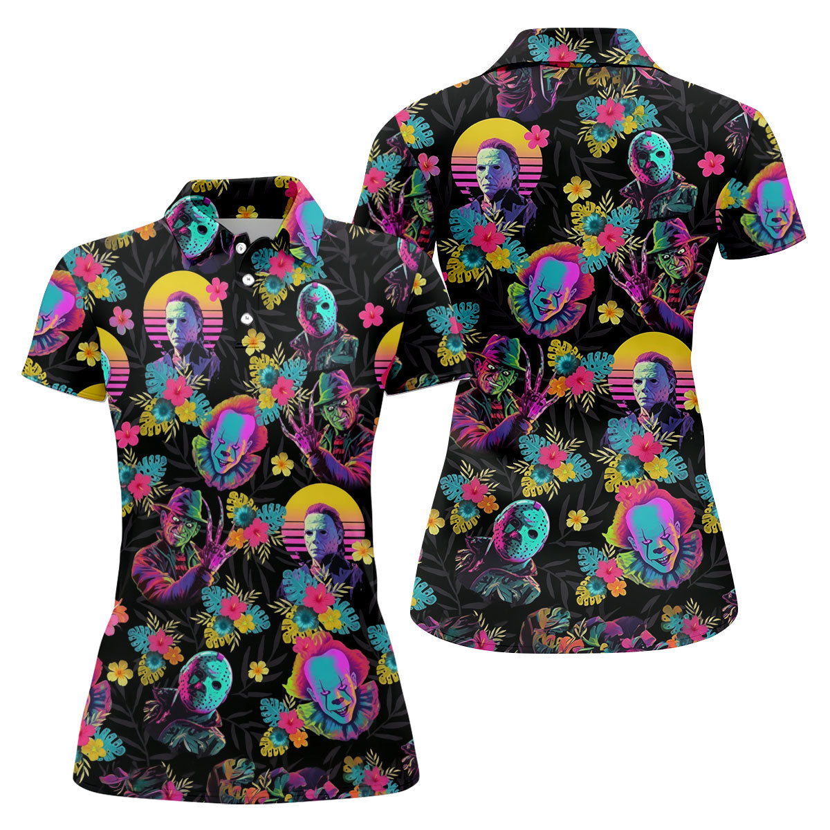 Neon Floral Halloween Horror Character Hawaiian Golf Shirt, Women's Golf Tops, Ladies Golf Shirts