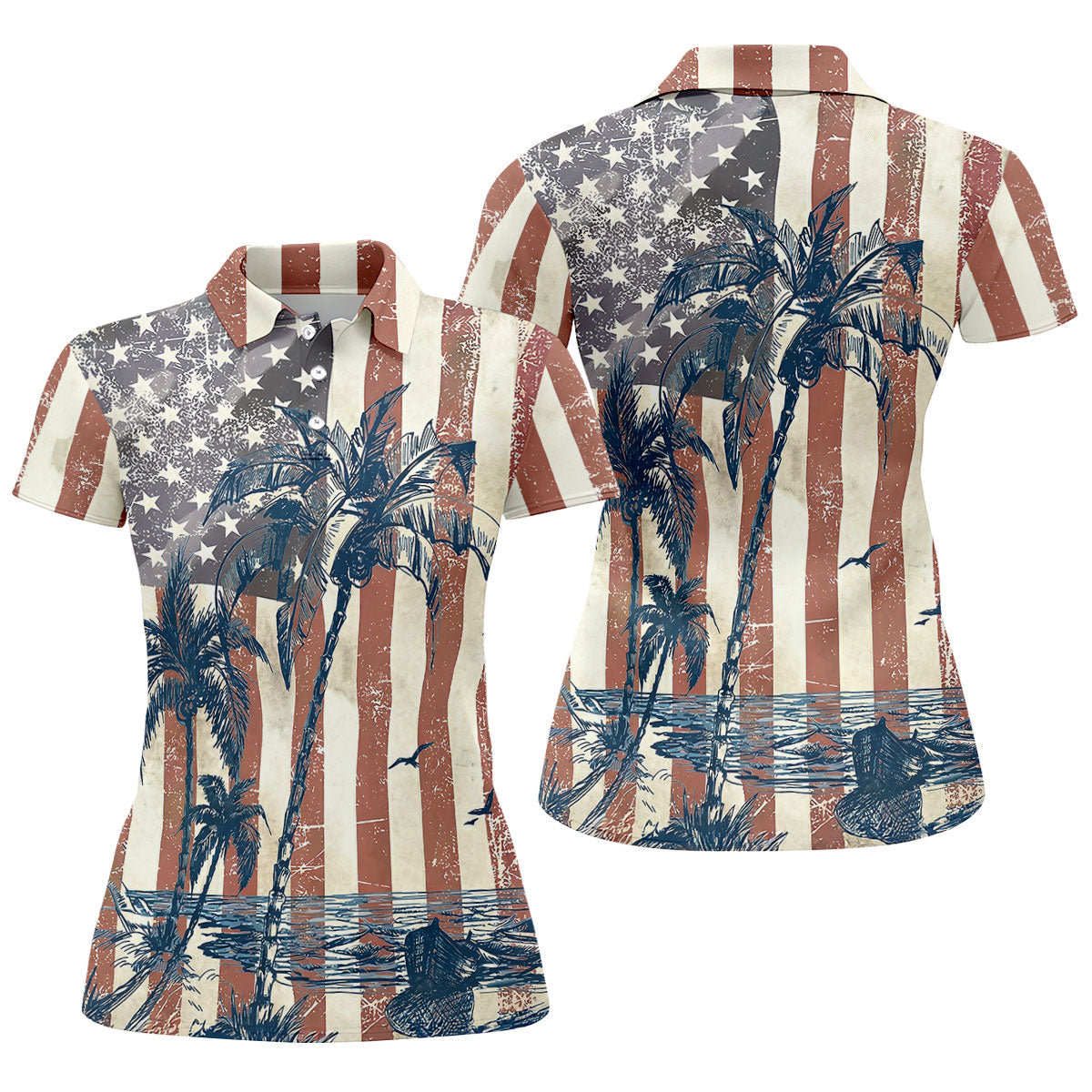 Hawaiian Theme Distressed US Flag Patriotic Golf Shirt, 250 Years 4th Of July Golf Shirt For Women